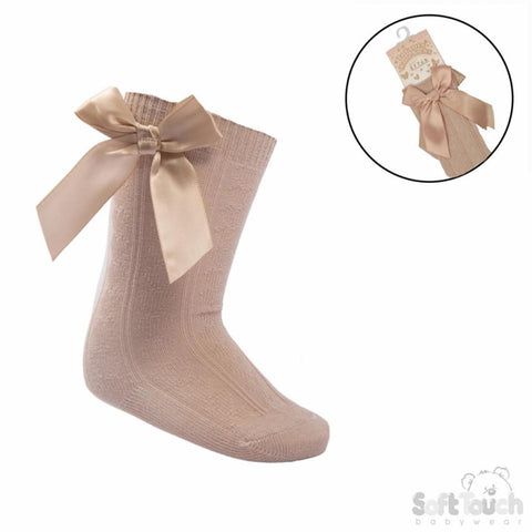 Beige Heart Knee Socks with Bow