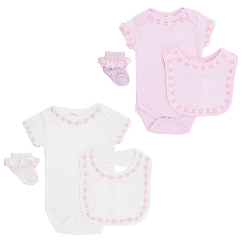 Pink & White Flower Bodysuit, Socks & Bib