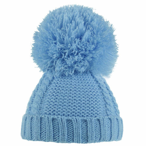 Blue Cable Knitted Pom Hat